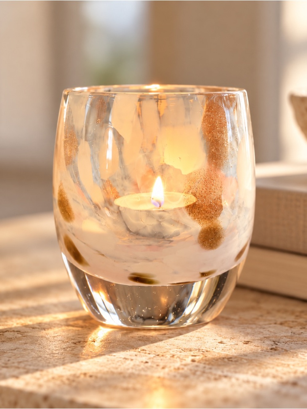 glassbaby Hand Blown Glass Votive Candle Holder Cream White Metallic Bronze USA